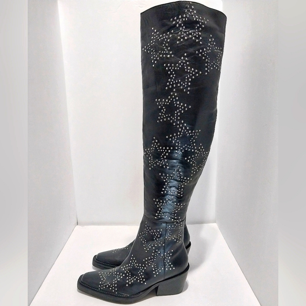 Nasty Gal Real‎ Leather Star Studded Over The Knee Western Boots, NEW, Size 36